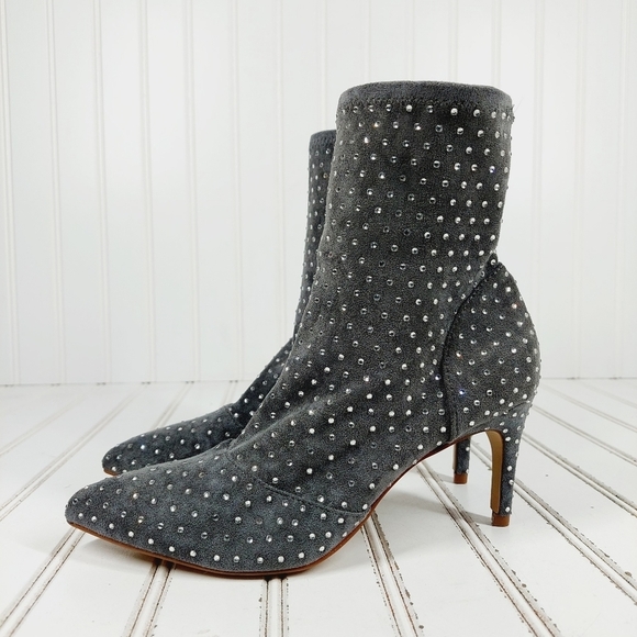Charles David Personal Gray Rhinestone Slip On Heeled Ankle Boots M510 - Picture 1 of 12